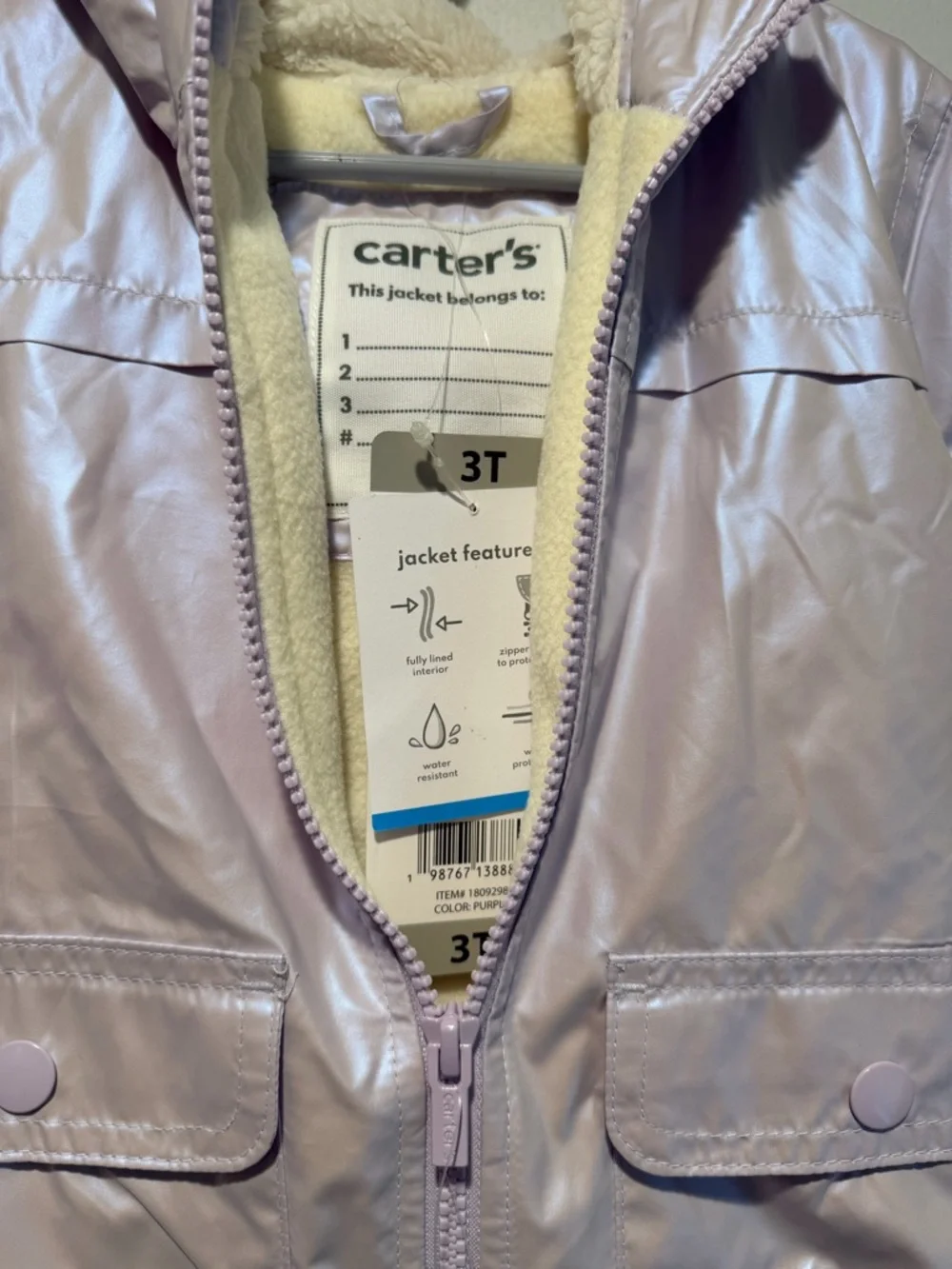 NWT Carter's Light Purple Hooded Rain Jacket